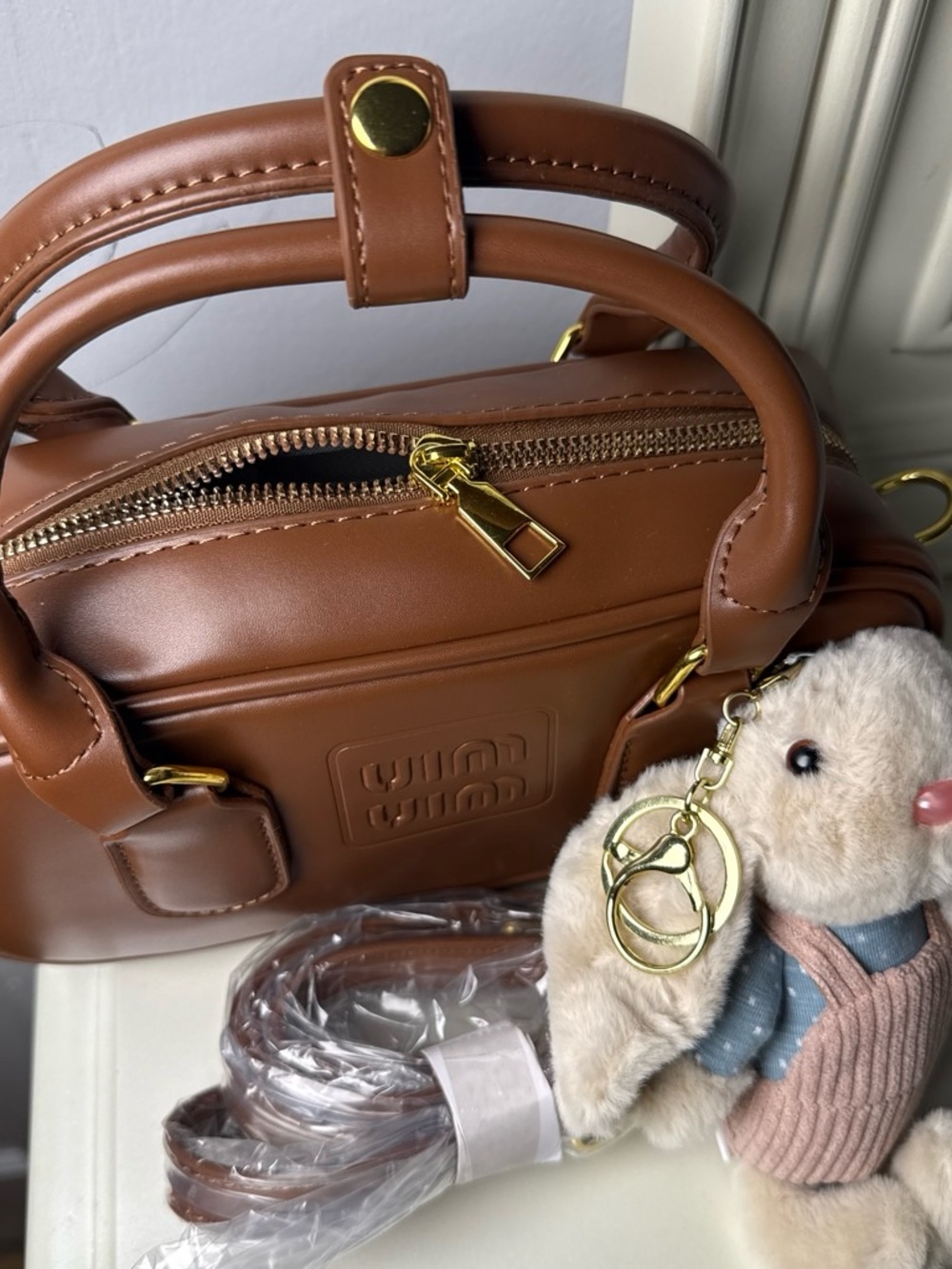 Classic Tan Structured Satchel with Gold Hardware